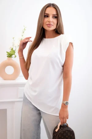 Elegantiška moteriška palaidinė su raukiniais ir asimetrišku kirpimu ecru