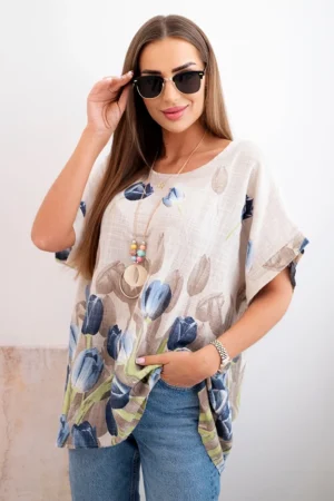 Moteriški medvilniniai marškiniai su gėlių raštu smėlio spalva