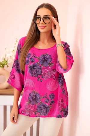 Moteriška medvilninė palaidinė trumpomis rankovėmis ir gėlių raštu Fuksija