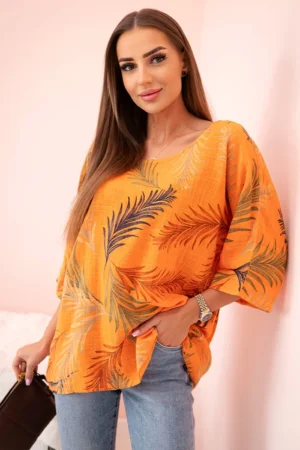 Moteriška medvilninė palaidinė su lapais su susukamomis rankovėmis apelsinas