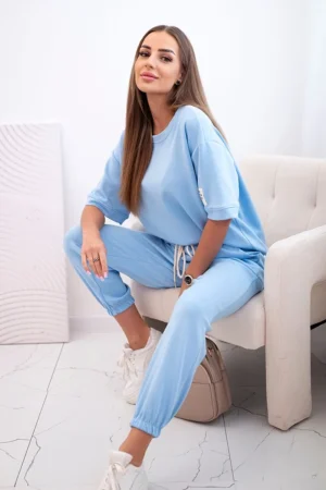 Moteriškas viskozės komplektas trumpomis rankovėmis ir kelnėmis mėlynas