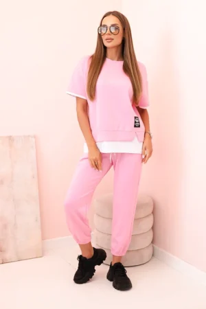 Moteriškas sviesto komplektas trumpomis rankovėmis ir kelnėmis šviesiai rožinė