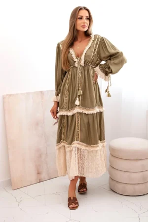 Moteriška boho suknelė su nėriniais Chaki