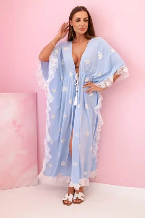 Moteriškas boho viskozės apsiaustas su nėriniais mėlynas