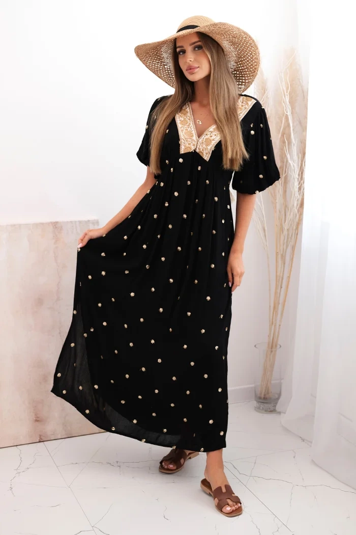 Moteriška viskozės suknelė su kaklaraiščiu ant nugaros juodas