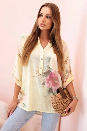 Moteriška medvilnės bluzonė su gėlių raštu ir sagomis geltonas