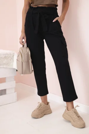 Moteriškos krovininės kelnės aukštu liemeniu juodas