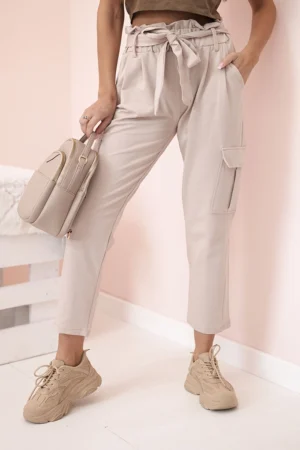 Moteriškos krovininės kelnės aukštu liemeniu smėlio spalva