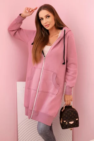 Moteriški izoliuoti marškiniai su gobtuvu ir užtrauktuku tamsiai rožinė