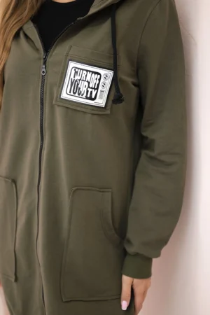 Ilgesnis moteriškas džemperis su gobtuvu ir užtrauktuku chaki