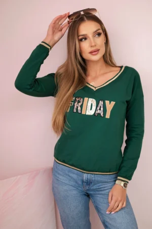 Moteriški marškiniai su blizgučių užrašu žalias