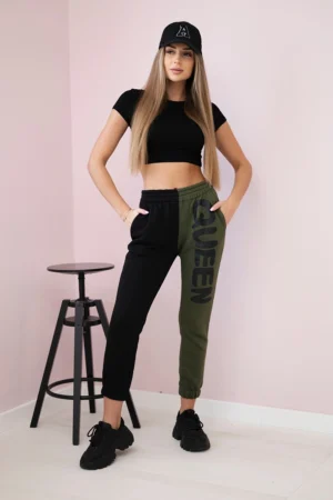 Moteriškos sportinės kelnės su užrašu QUEEN chaki