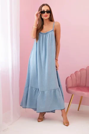 Moteriška suknelė su dirželiais lengvas džinsinis audinys