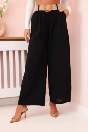Moteriškos lininės kelnės su plačiomis klešnėmis ir diržu juodas
