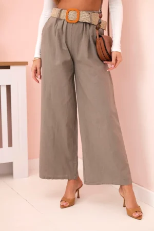 Moteriškos lininės kelnės su plačiomis klešnėmis ir diržu fango