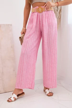 Moteriškos plačių kojų dryžuotos viskozės kelnės rožinis