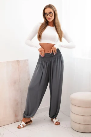 Moteriškos viskozės kelnės su plačiomis kojomis ir raukiniais grafitas
