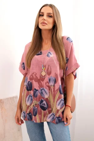 Moteriški medvilniniai marškiniai su gėlių raštu tamsiai rožinė