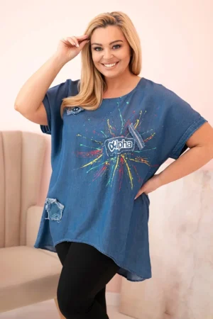 Plius dydžio moteriški marškinėliai su aplikacijomis Džinsinio