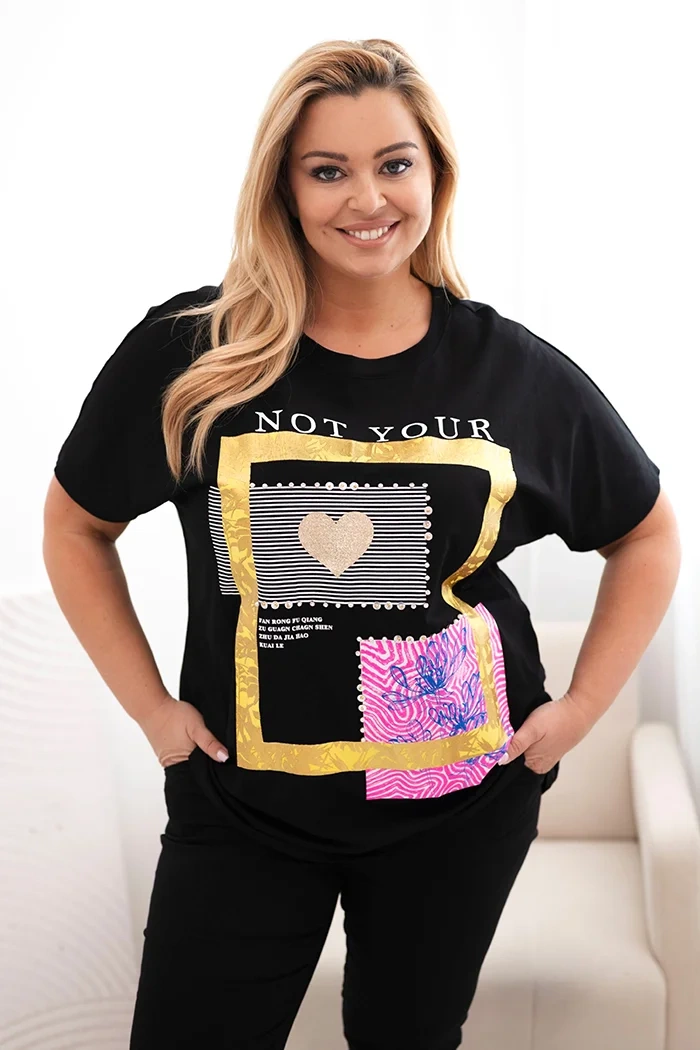 Moteriški medvilniniai Plus Size marškinėliai su auksiniu užrašu juoda + geltona