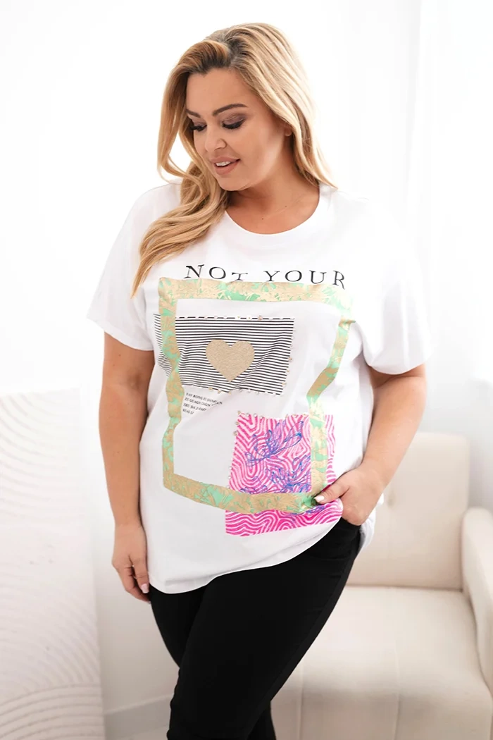 Moteriški medvilniniai Plus Size marškinėliai su auksiniu užrašu balta + žalia