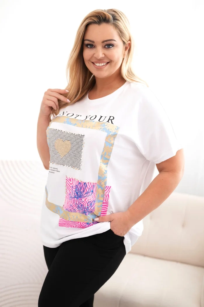 Moteriški medvilniniai Plus Size marškinėliai su auksiniu užrašu balta + mėlyna