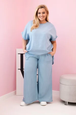 Moteriškas Plus Size komplektas iš tencelio palaidinė ir kelnės su raišteliu šviesiai džinsinis