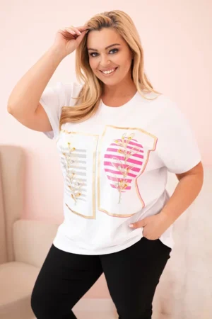 Moteriška medvilninė Plus Size palaidinė su žvyneliais balta + rožinė