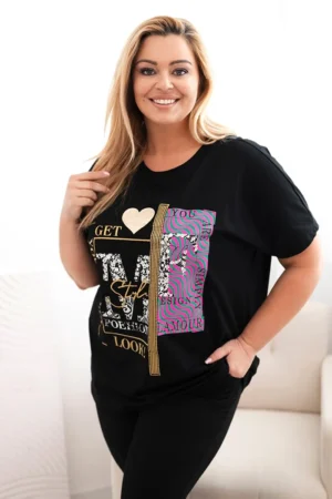 Medvilninė moteriška palaidinė Plus Size su spauda ir blizgučiais juoda + rožinė