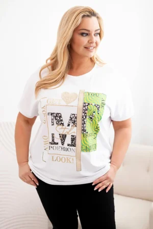 Medvilninė moteriška palaidinė Plus Size su spauda ir blizgučiais balta + žalia