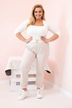 Medvilninės moteriškos kelnės Plus Size su diržu smėlio spalva