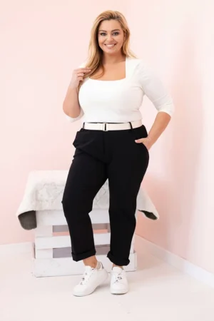 Medvilninės moteriškos kelnės Plus Size su diržu juodas