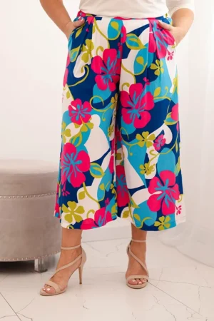 Moteriškos didelio dydžio viskozinės kelnės su gėlių raštu fuksija