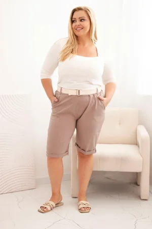 Medvilninės moteriškos šortai Plus Size su diržu fango