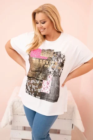 Moteriški medvilniniai Plus Size marškinėliai su spalvotu atspaudu balta + rožinė