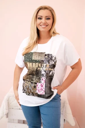 Moteriški medvilniniai Plus Size marškinėliai su spalvotu atspaudu balta + chaki