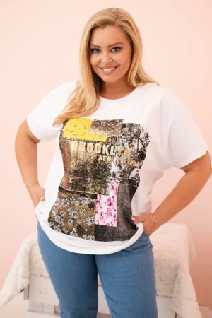 Moteriški medvilniniai Plus Size marškinėliai su spalvotu atspaudu balta + geltona