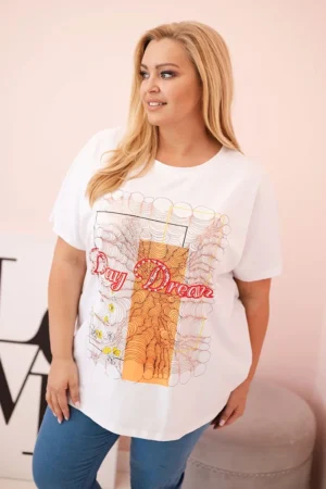 Moteriška Plus Size medvilninė palaidinė su užrašu „Day Dream“ balta + oranžinė