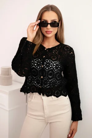 Moteriškas vasarinis nėriniuotas megztinis su mygtukais ir ilgomis rankovėmis juodas