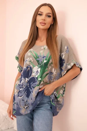 Moteriška medvilninė bluzka su gėlių raštu ir trumpomis rankovėmis fango