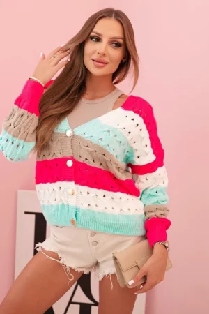 Moteriškas aštrus megztinis su V formos iškirpte juostelėmis fuksija + fango