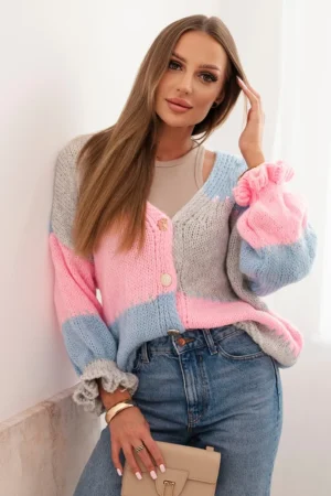 Moteriškas megztinis su mygtukais dryžuotas mėlynas + pilkas