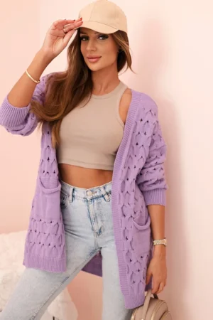 Moteriškas aštrus kardiganas su kišenėmis violetinis