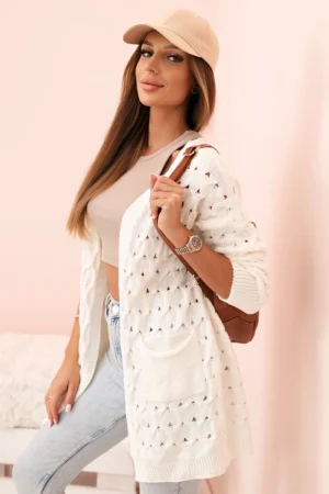 Moteriškas ażuropinis kardiganas su kišenėmis ecru