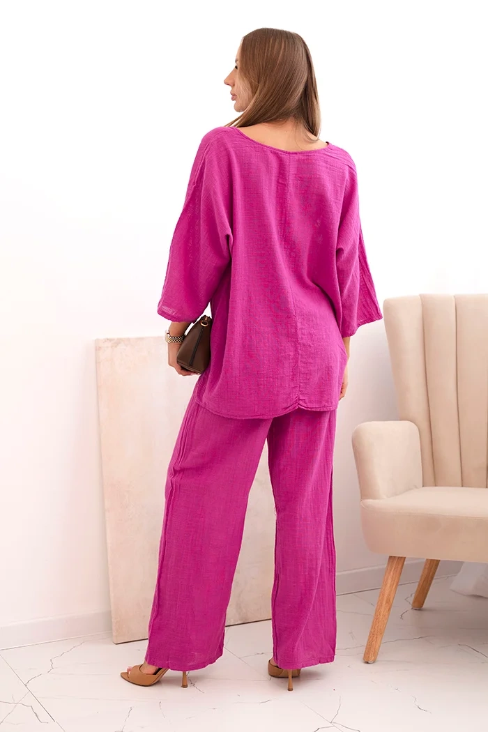 Moteriškas komplektas iš viskozės, palaidinė su karoliais ir kelnės violetinė - Image 3