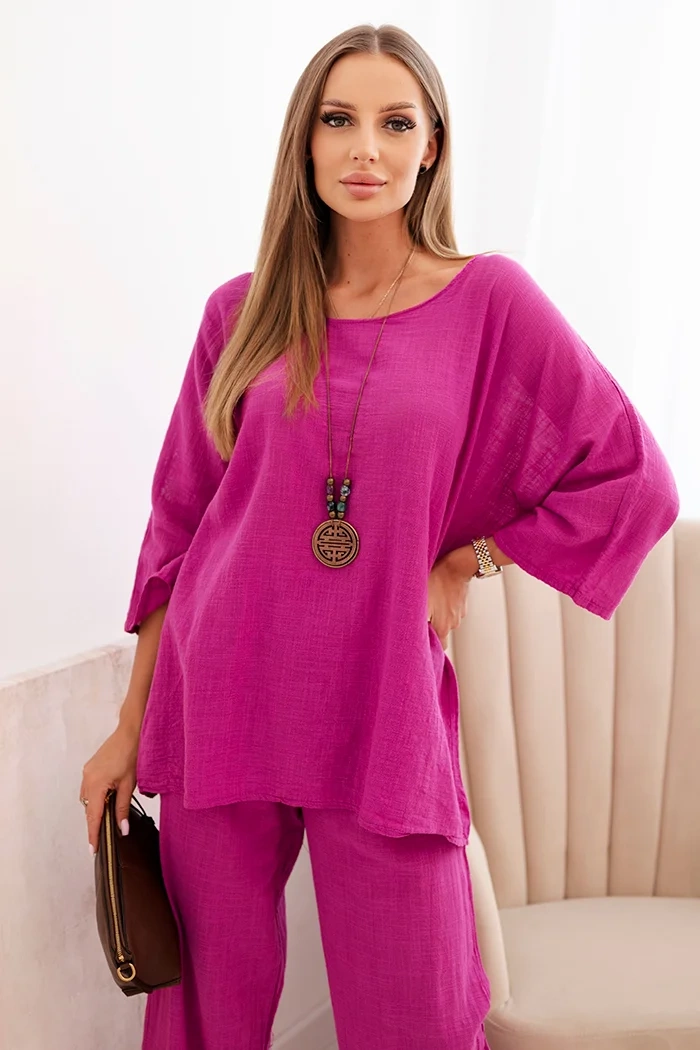 Moteriškas komplektas iš viskozės, palaidinė su karoliais ir kelnės violetinė - Image 2