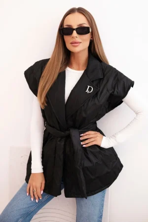 Moteriška pamušalu liemenė su diržu ir plačiu apykakle juoda