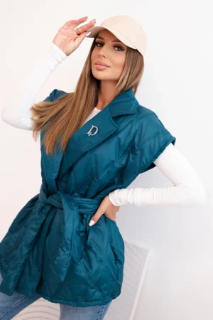 Moteriška pamušaluota liemenė su diržu ir plačiu apykakle jūros spalvos