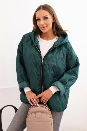 Moteriška pamušaluota striukė su kapišonu tamsiai žalia