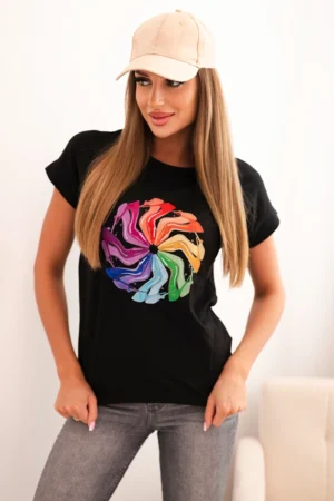 Moteriška medvilninė bliuska trumpomis rankovėmis su spalvotu spaudiniu juoda